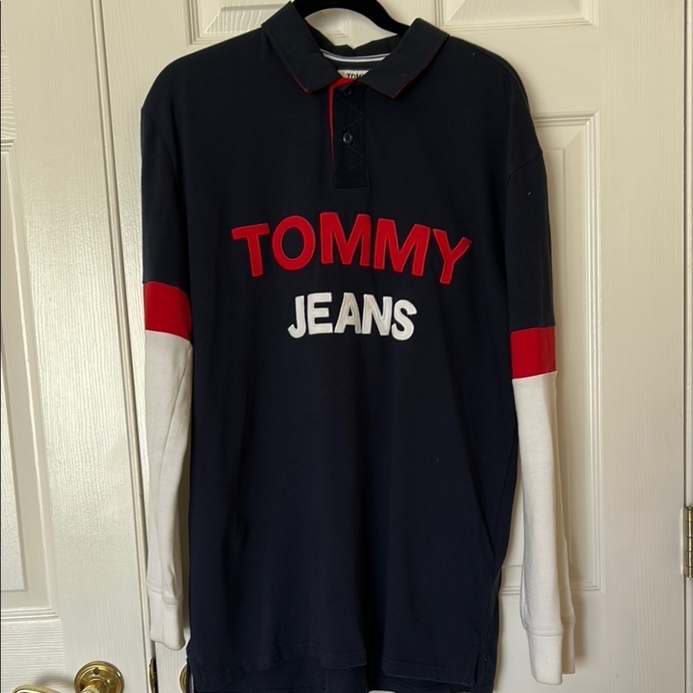 Tommy Jeans Navy Long Sleeve Polo Shirt. Size: MEDIUM